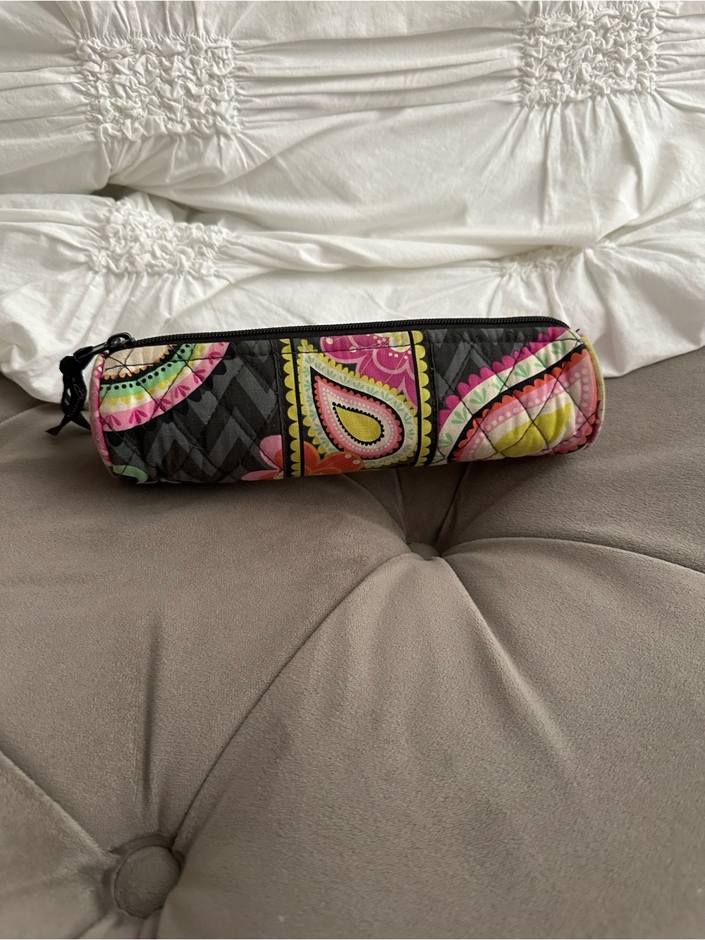 Vera Bradley Quilted Black Paisley Pencil Case with Pink, Green & Yellow